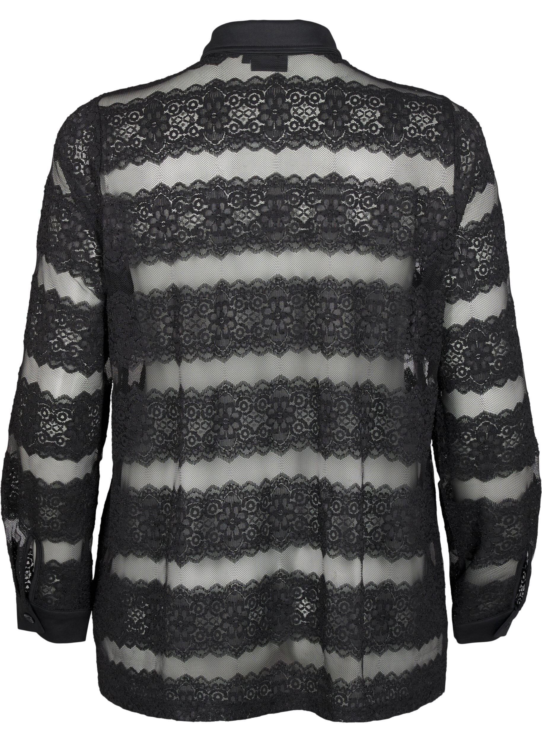 ZizziLosse blouse met kant en doorschijnend mesh, Black, Packshot image number 1