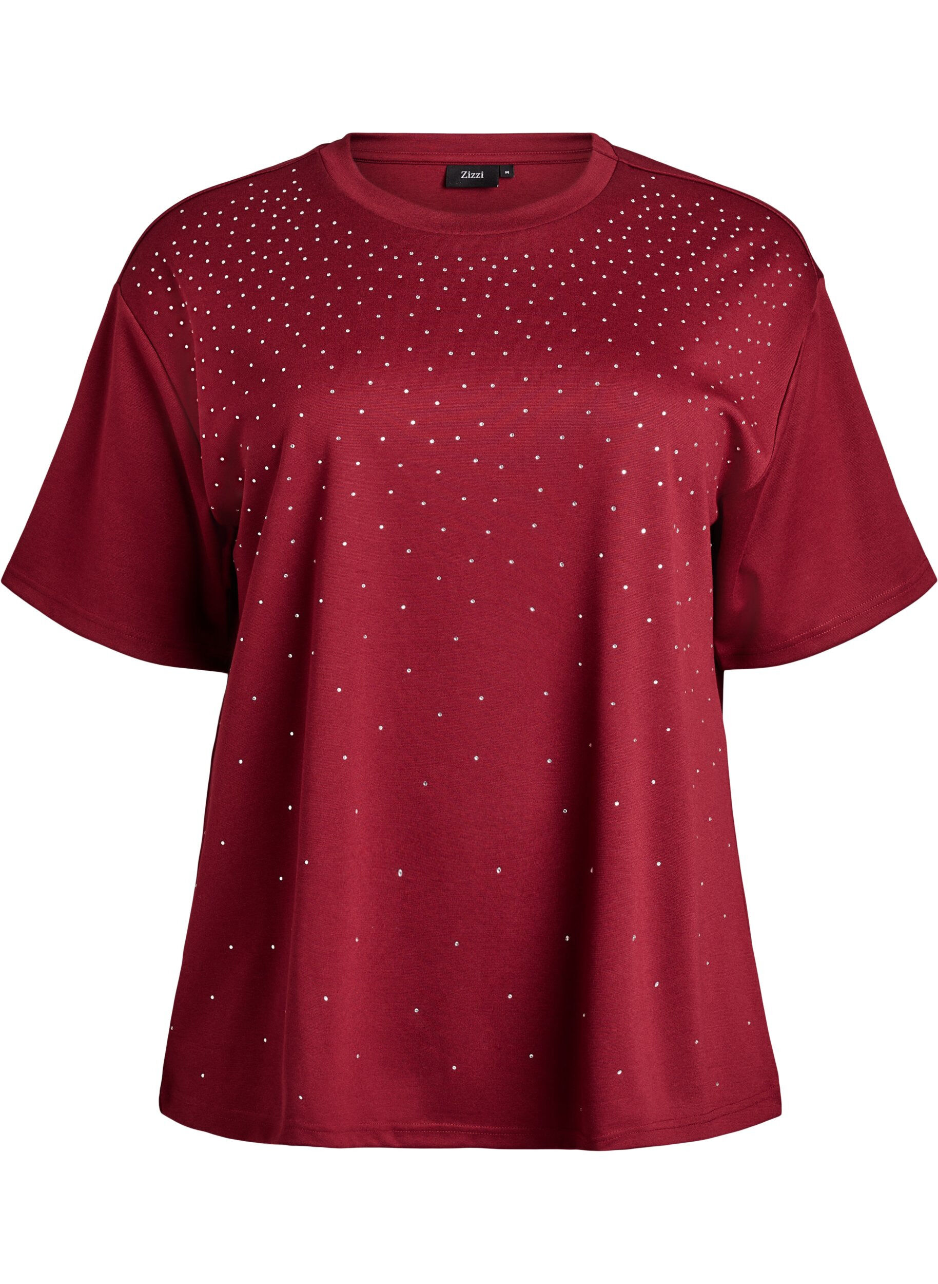 ZizziT-shirt met ronde hals en rhinestones, Donker Bordeaux, Packshot image number 0