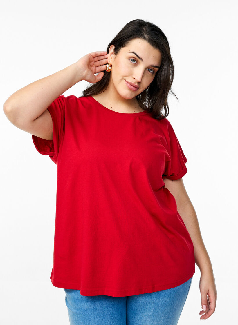 T-shirt &agrave; manches courtes en m&eacute;lange de coton, Rouge, Model image number 0
