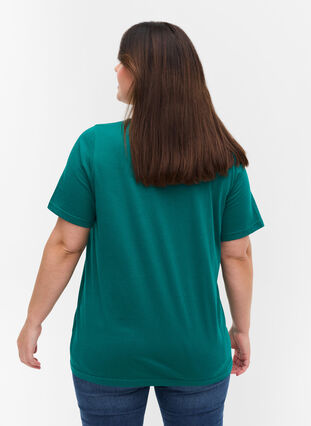 T-shirt en coton bio à col V, Teal Green, Model image number 1