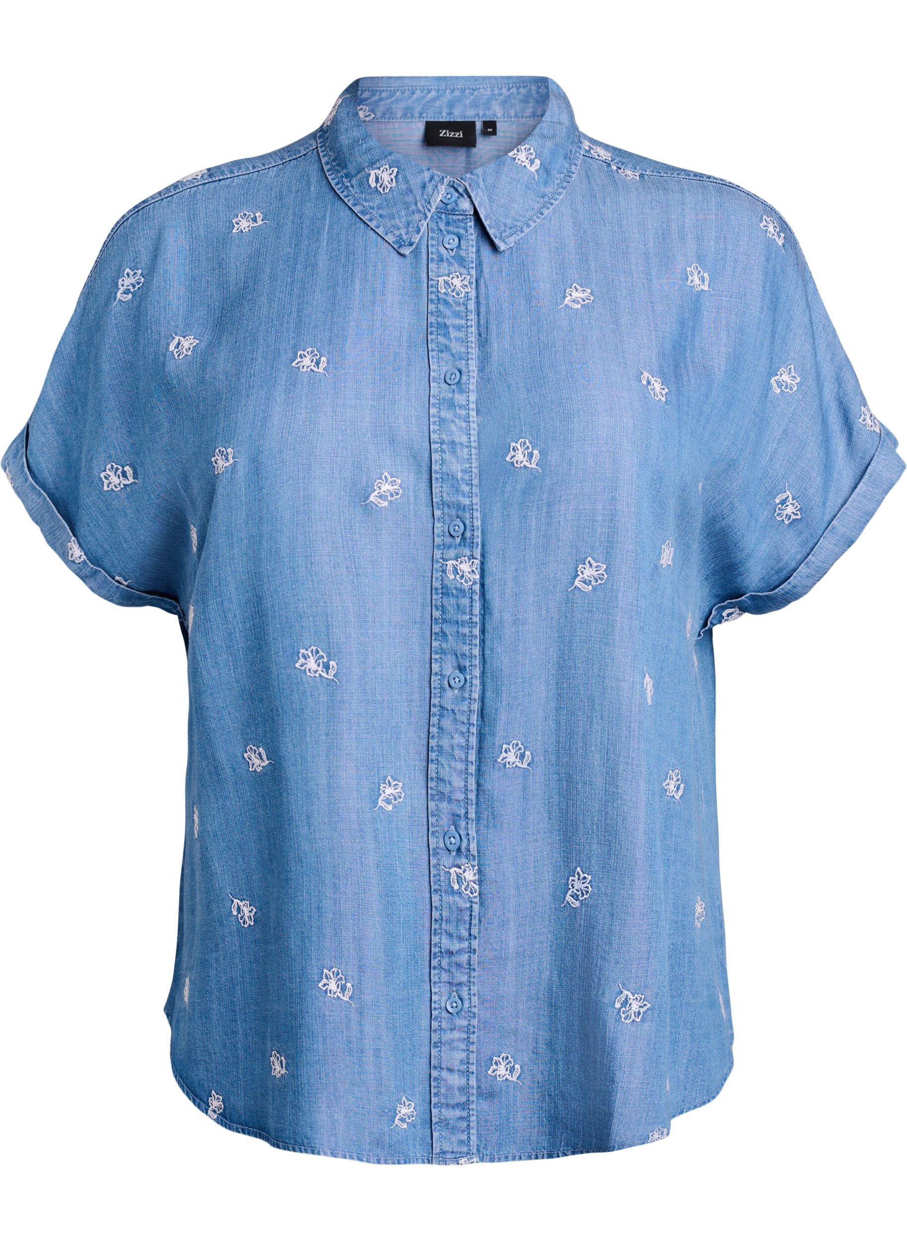 ZizziDenimlook lyocell shirt met bloemenborduursel, Blauw, Packshot image number 0