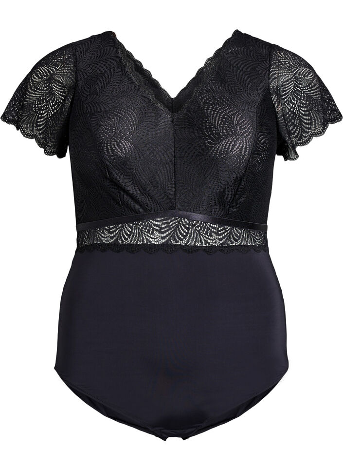 Bodystocking met kanten en korte mouwen, Zwart, Packshot image number 0
