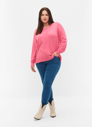 Pull en tricot de couleur unie avec nervures, Hot Pink Mel., Model image number 3