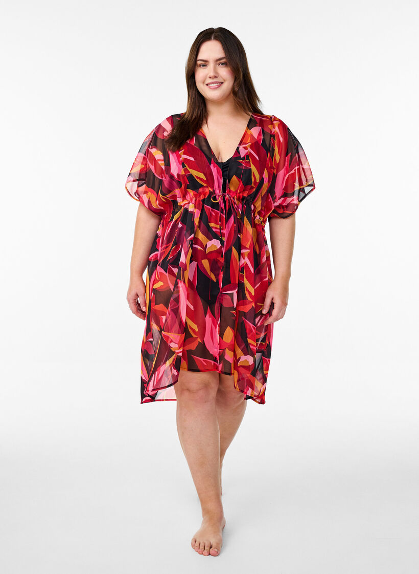Strand kimono met print, Rood, Model image number 1