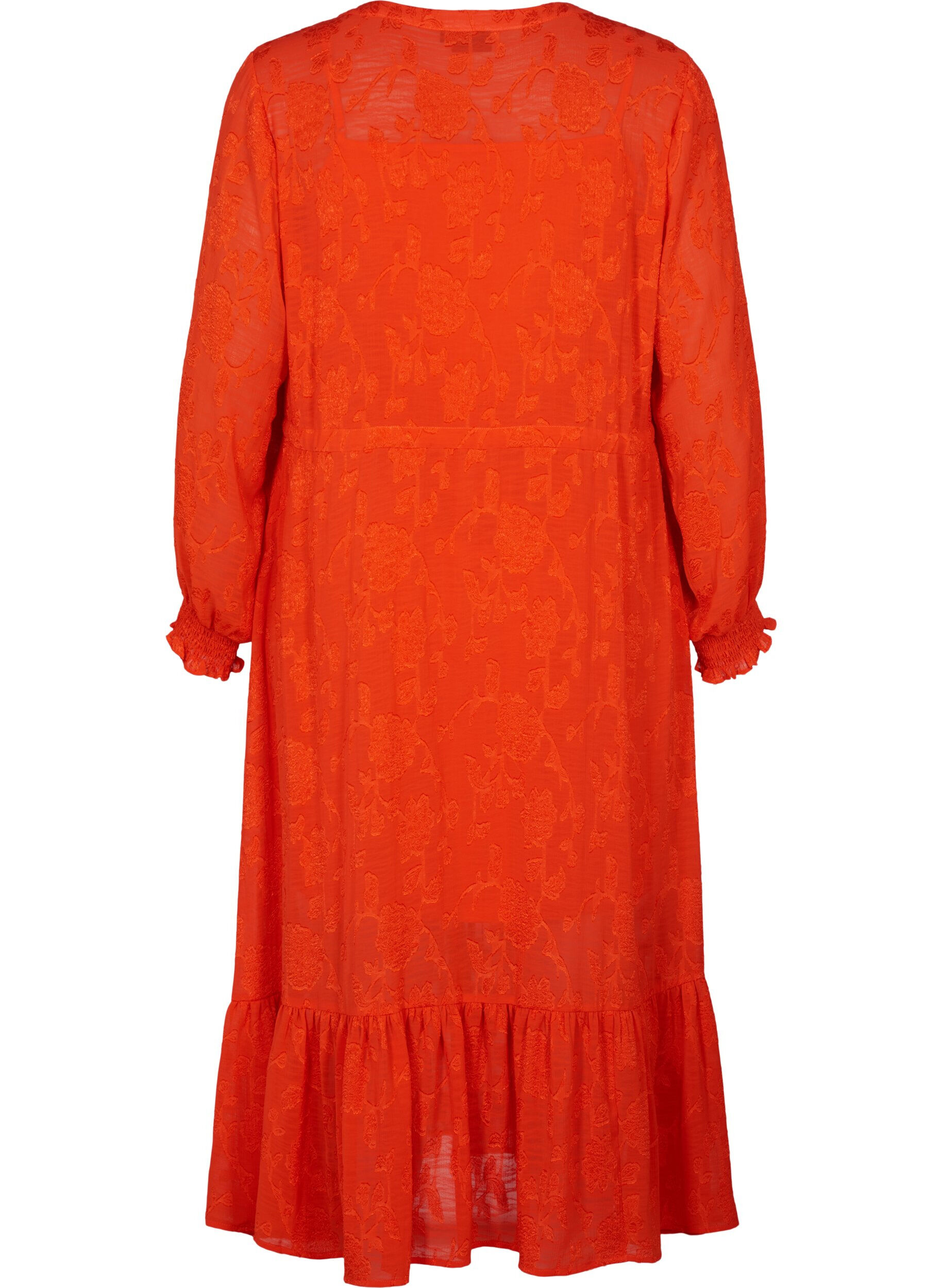 ZizziMidi jurk in jacquard look en lange mouw, Orange.com, Packshot image number 1