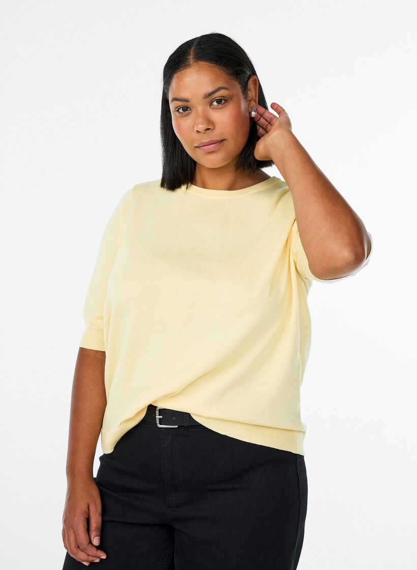 Fijngebreide blouse met korte mouwen, Geel, Model image number 0
