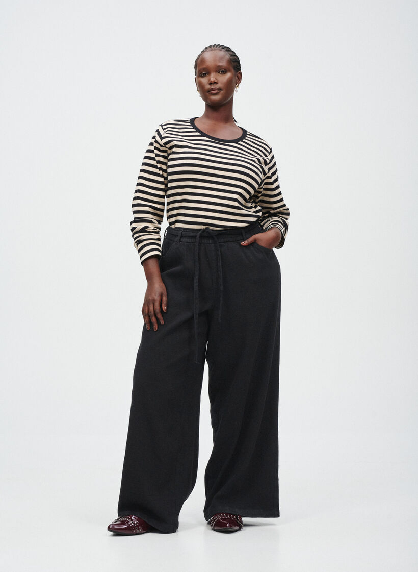 Losse pasvorm jeans met een elastische tailleband en een trekkoord, Zwart, Image image number 0