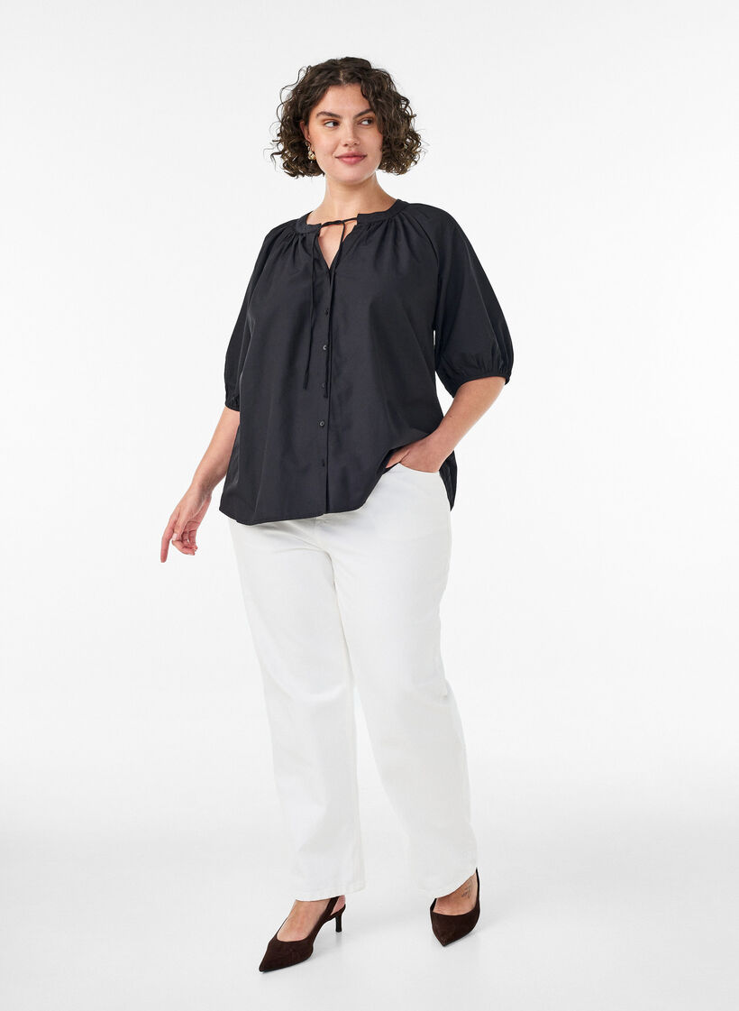 Overhemdblouse met knoopsluiting en strikceintuur, Zwart, Model image number 1