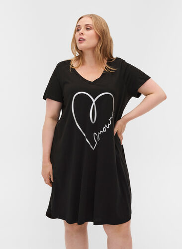 Katoenen pyjama jurk met korte mouwen en print, Black W. Silver foil, Model image number 0