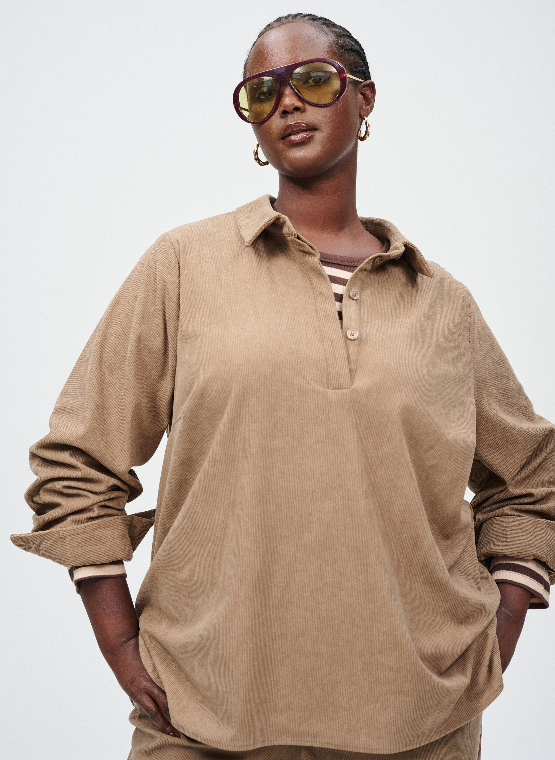 ZizziOverhemdblouse met lange mouwen in corduroy, Bruin, Image image number 0