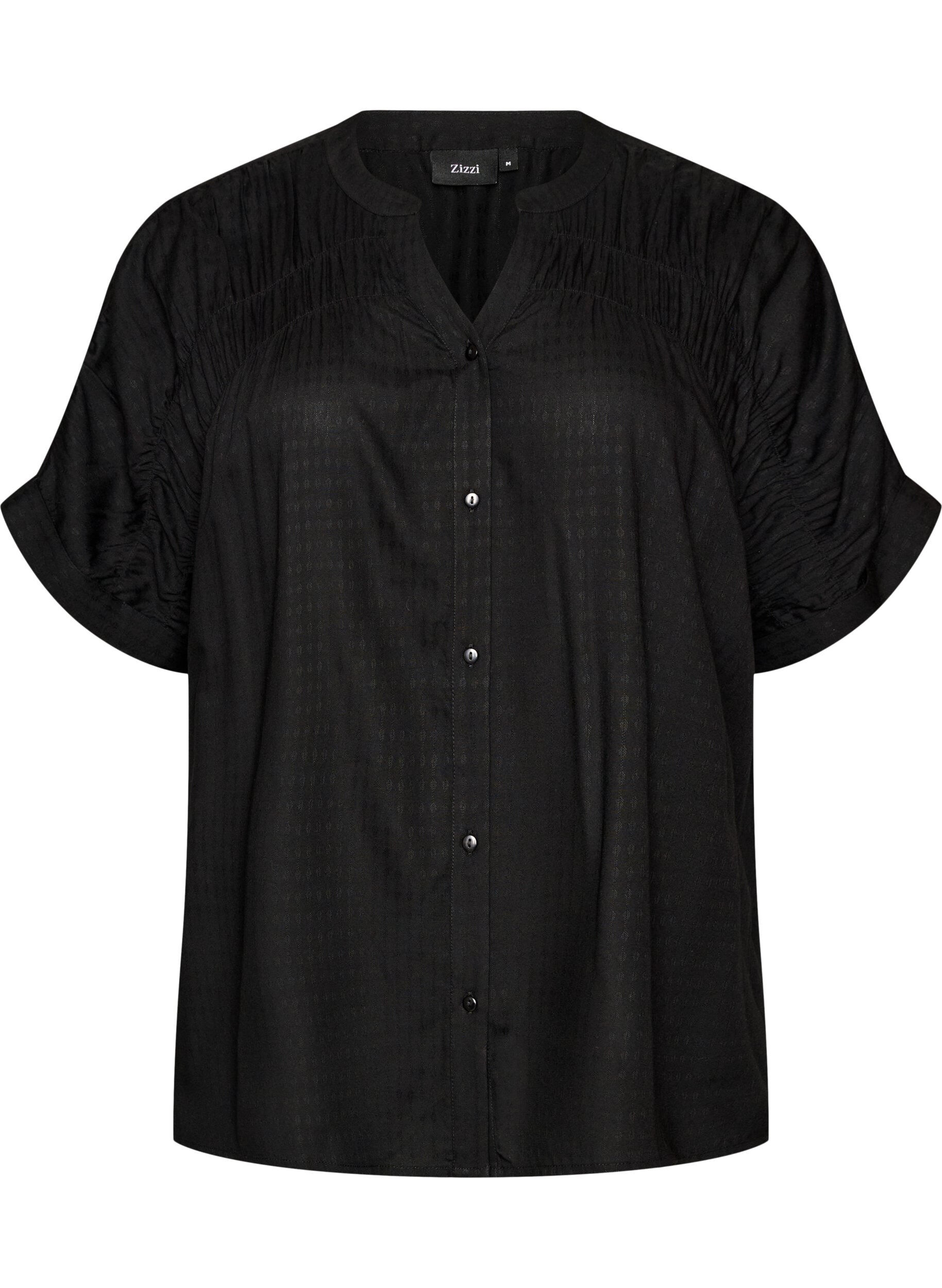 ZizziViscose blouse met korte mouwen en rimpeldetail, Zwart, Packshot image number 0