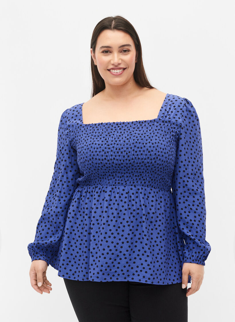 Blouse en viscose à pois avec smock, R.Blue w. Black Dot, Model image number 0