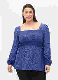 Gestippelde viscose blouse met smok, R.Blue w. Black Dot, Model