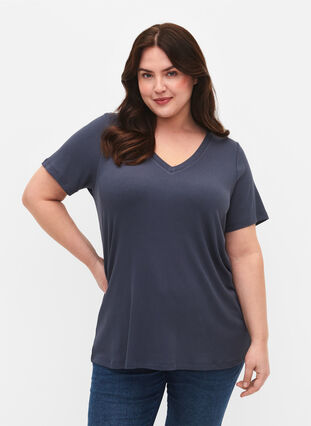 T-shirt en viscose côtelé avec col en V, Umbre Blue , Model image number 0