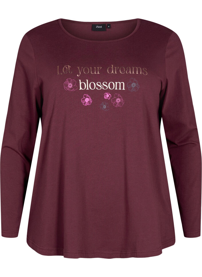 Chemise de nuit en coton avec impression de texte, Bordeaux, Packshot image number 0