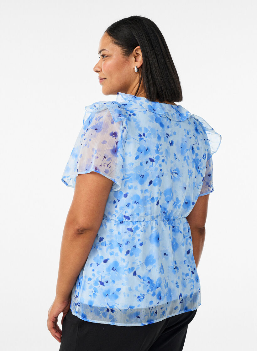 Bloemenblouse met rucheskraag en peplum effect, Blauw, Model image number 2