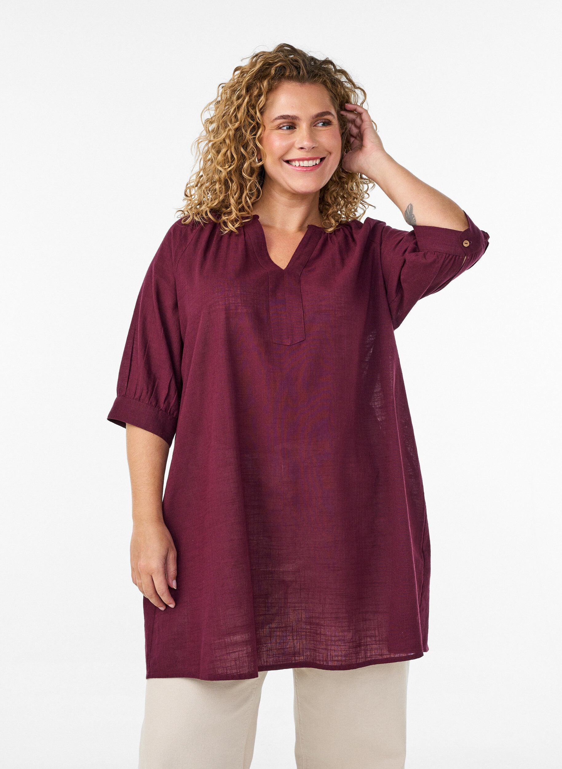 ZizziKatoenen tuniek met V-hals, Rood, Model image number 0