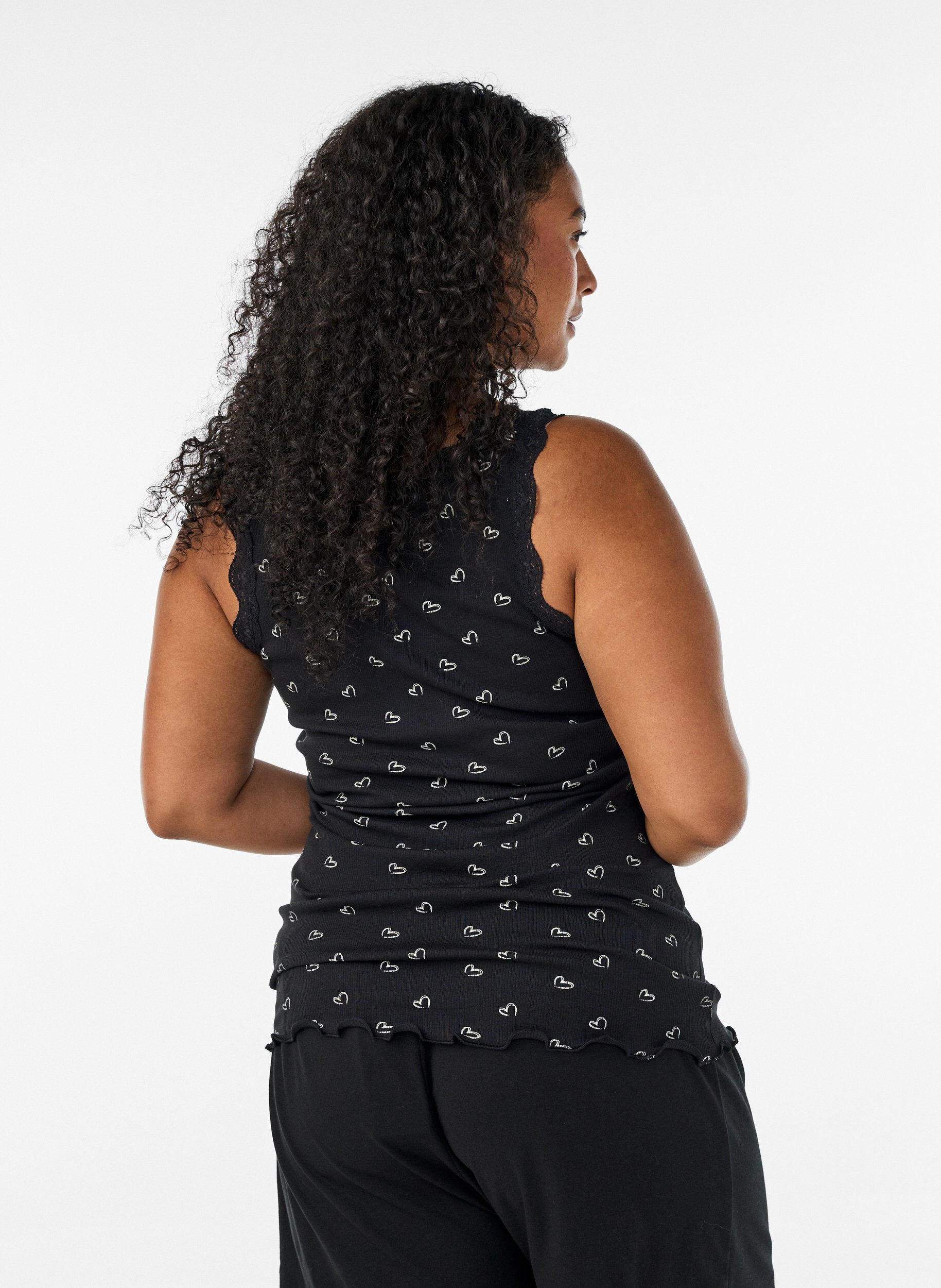 ZizziTop avec imprim&eacute; et bord en dentelle, Noir, Model image number 2