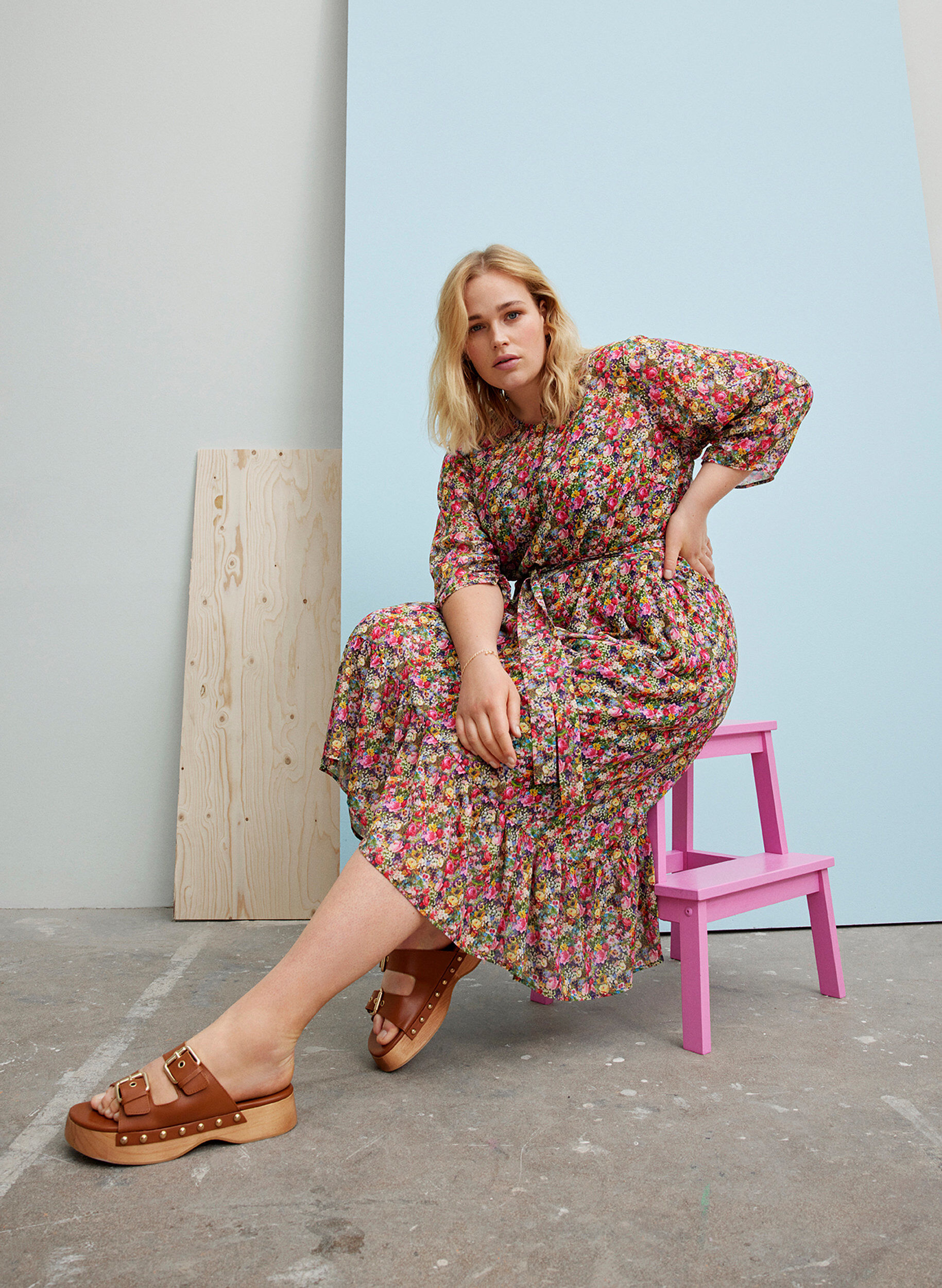 ZizziGebloemde midi-jurk met striksluiting in de taille, Pink Flower AOP, Image image number 0