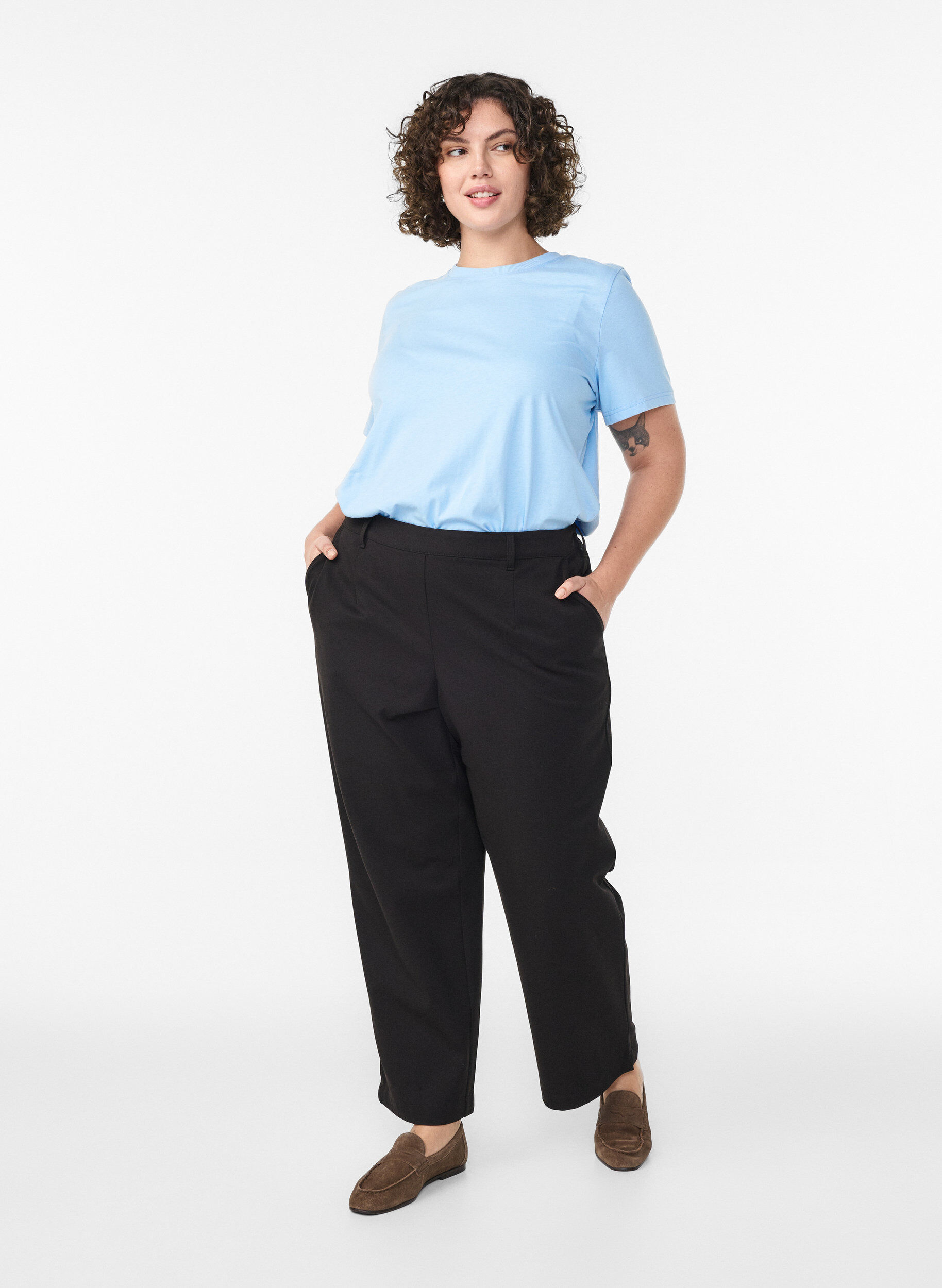 ZizziBasic katoenen T-shirt met ronde hals, Blauw, Model image number 1