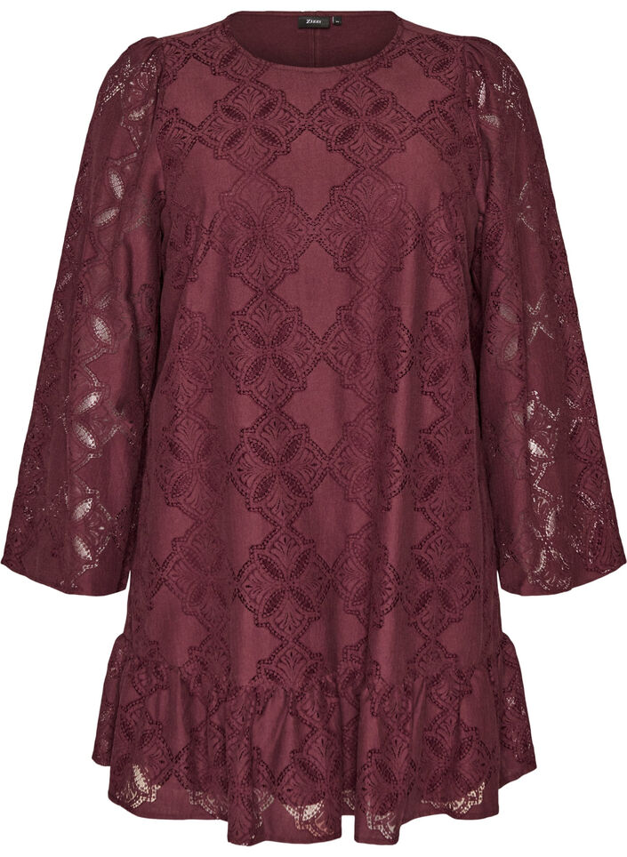 Robe en dentelle avec manches longues et ourlet &agrave; volants, Bordeaux fonc&eacute;, Packshot image number 0