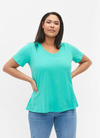 Basic t-shirt in effen kleur met katoen, Aqua Green, Model