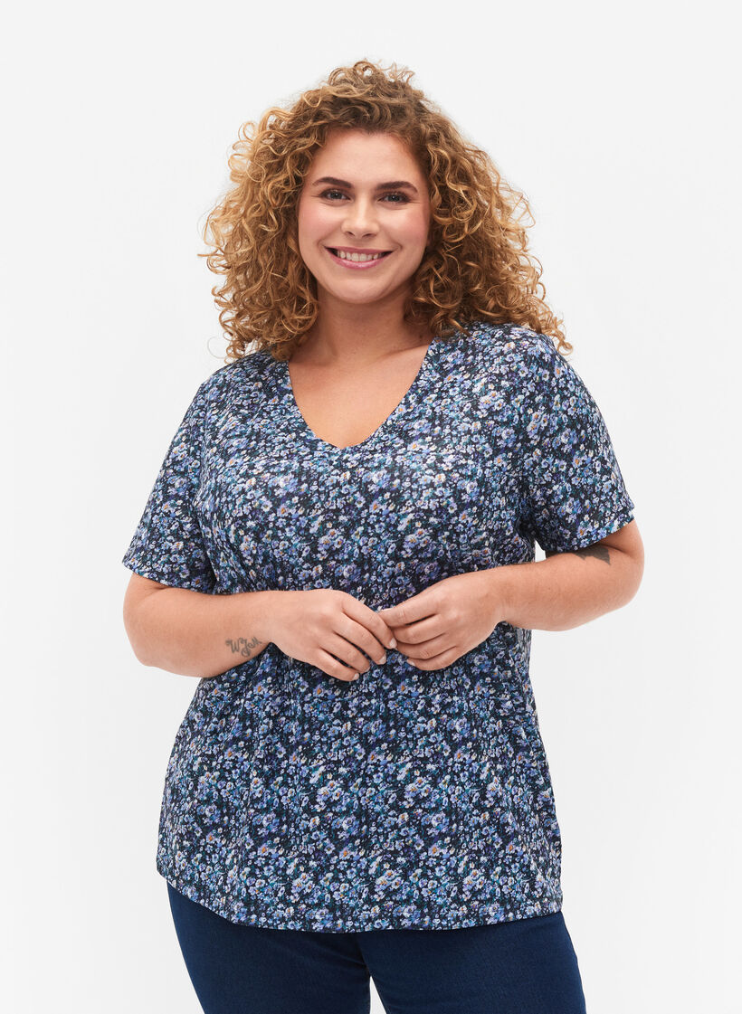 FLASH - T-shirt imprimé avec col en V, Blue Green Ditsy, Model image number 0