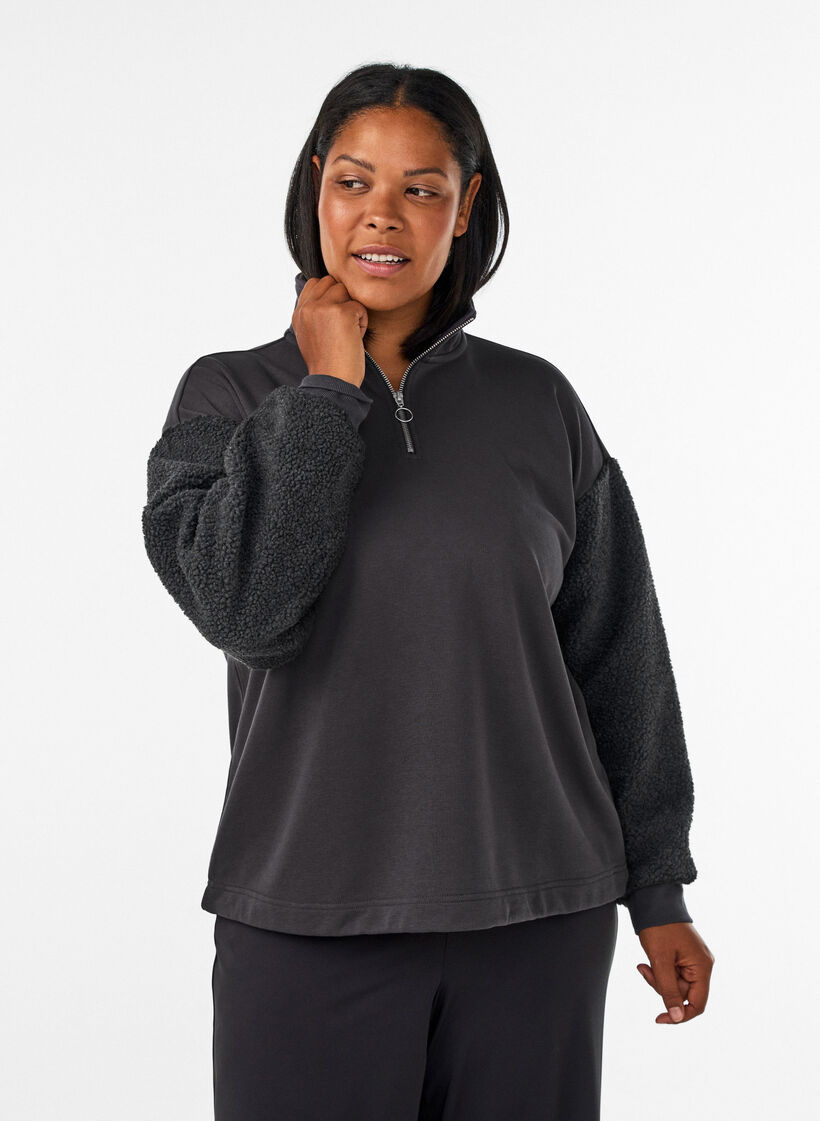Sweatshirt met teddymouwen en een hoge hals, Grijs, Model image number 0