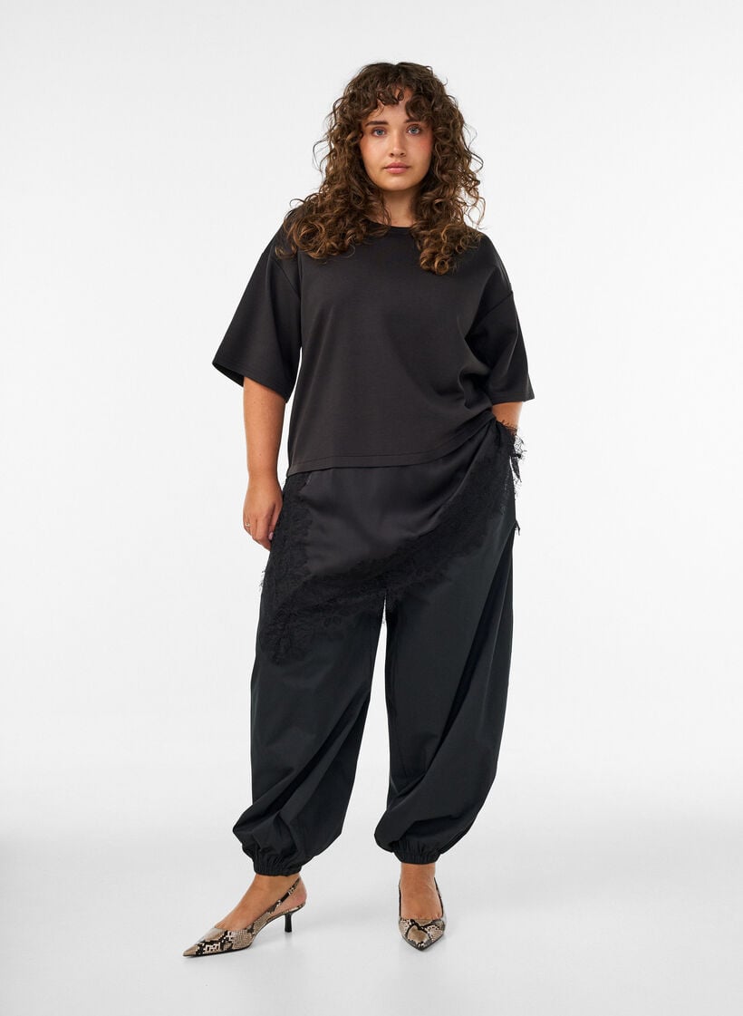 Blouse en jersey avec effet superpos&eacute; et dentelle, Noir, Model image number 1