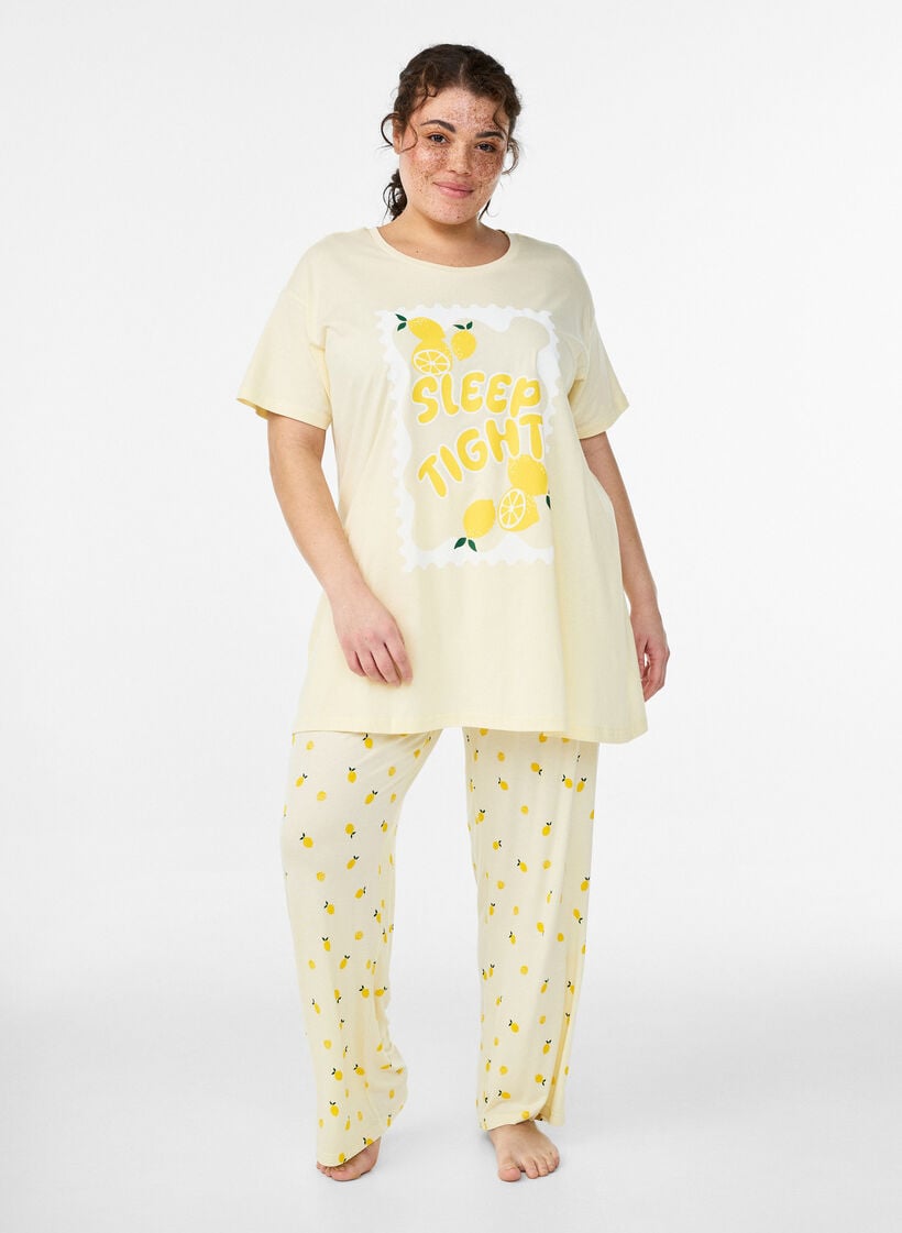 Pyjamabroek in zachte jersey met hoge taille en fruitprint, Geel, Model image number 0