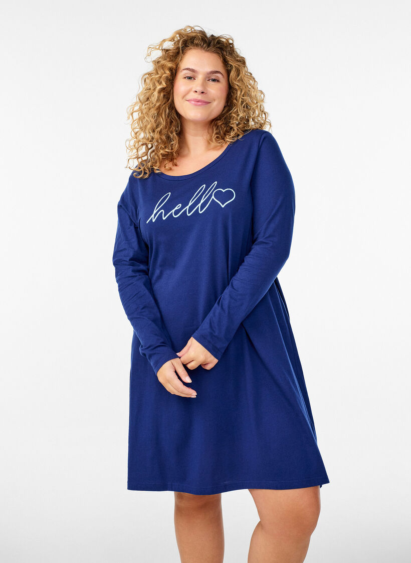 Chemise de nuit &agrave; manches longues en coton bio, Bleu, Model image number 0
