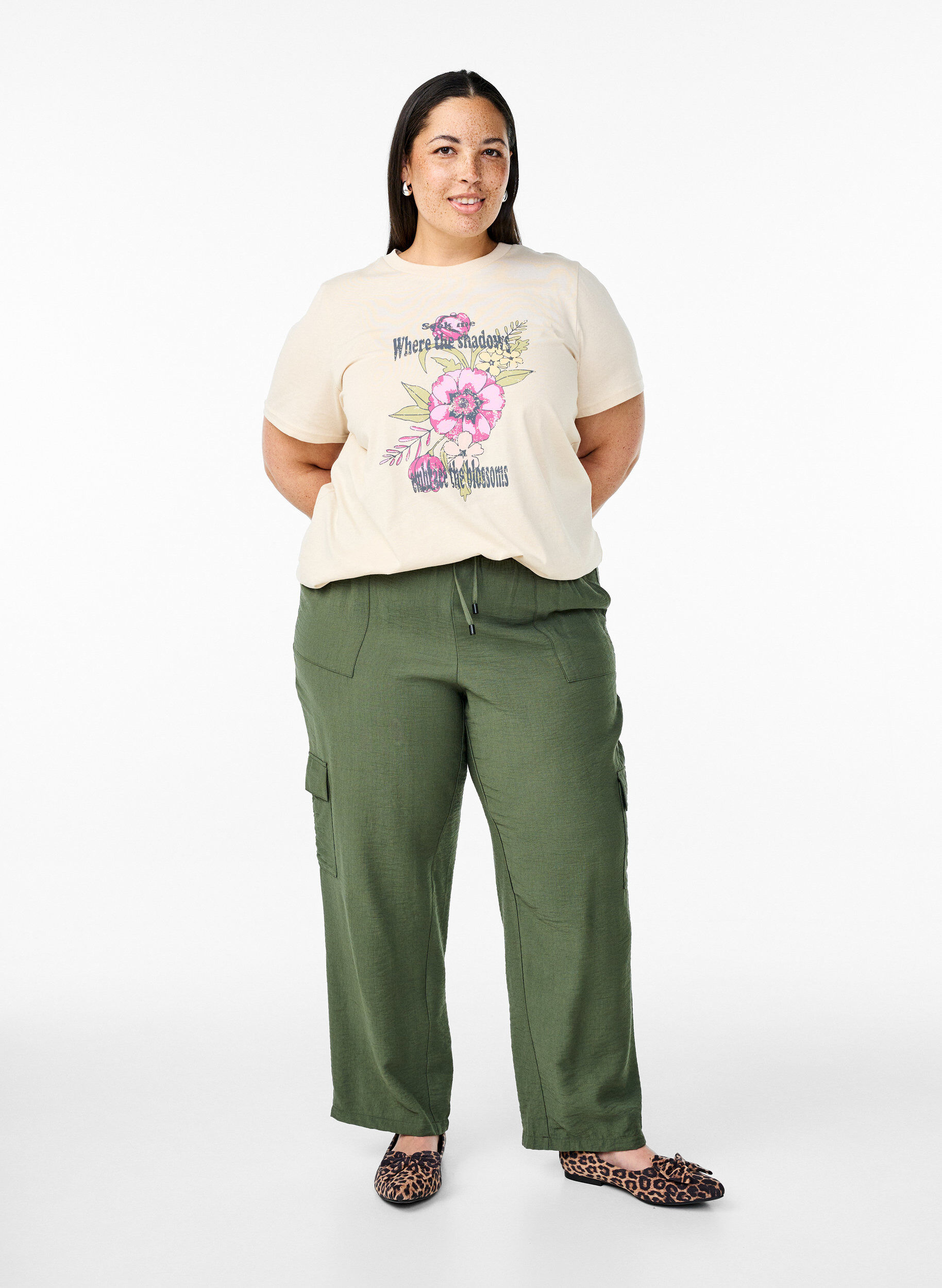 ZizziKatoenen T-shirt met print, Beige, Model image number 1