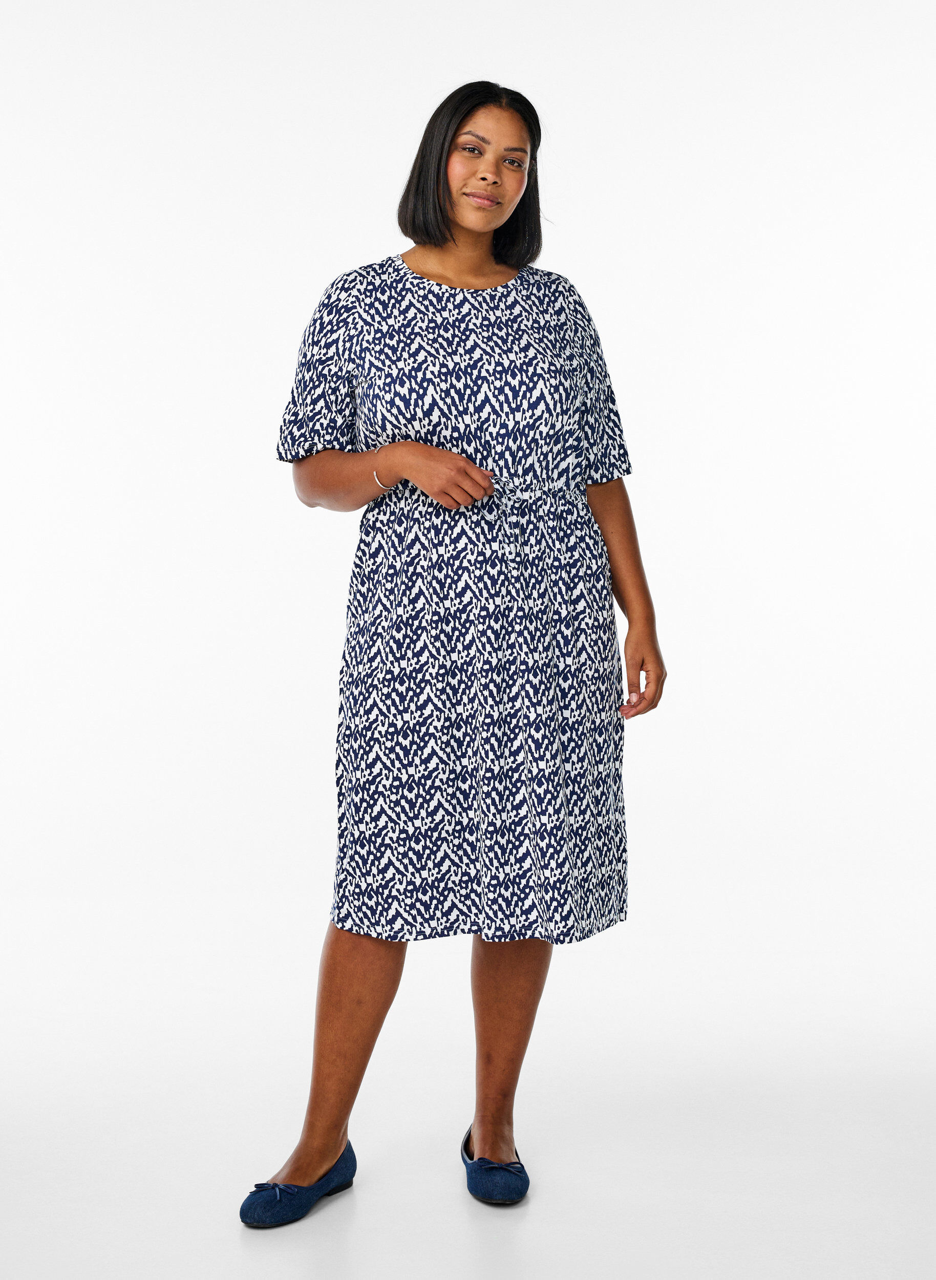ZizziJersey midi jurk met strikriem in de taille, Blauw, Model image number 0