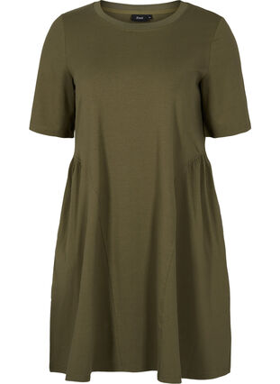 Katoenen jurk met korte mouwen en plooi, Ivy Green, Packshot image number 0