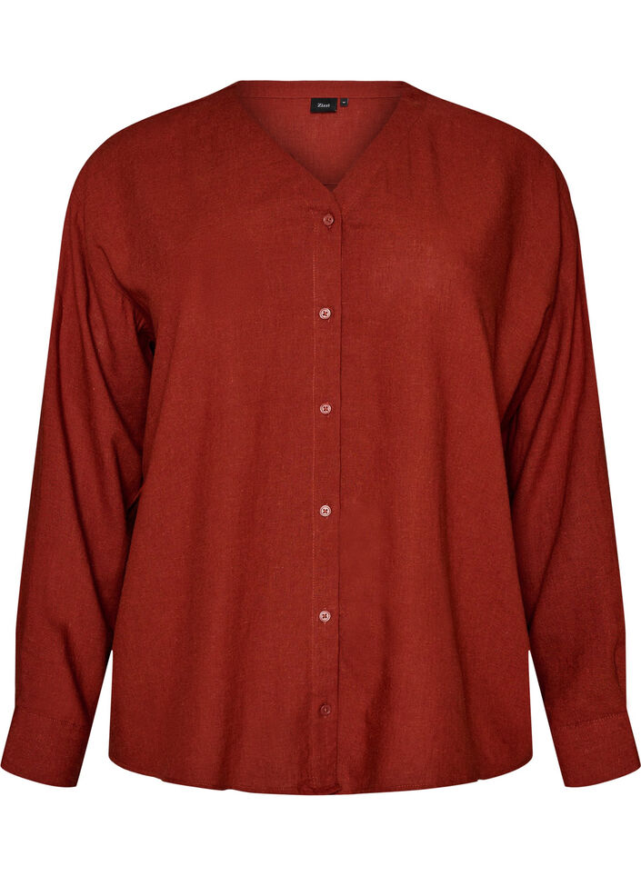 Blouse in linnen en viscose met V-hals, Rood, Packshot image number 0