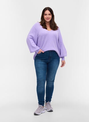 Pull en tricot à col en V et manches ballon, Purple Rose Mel, Model image number 3