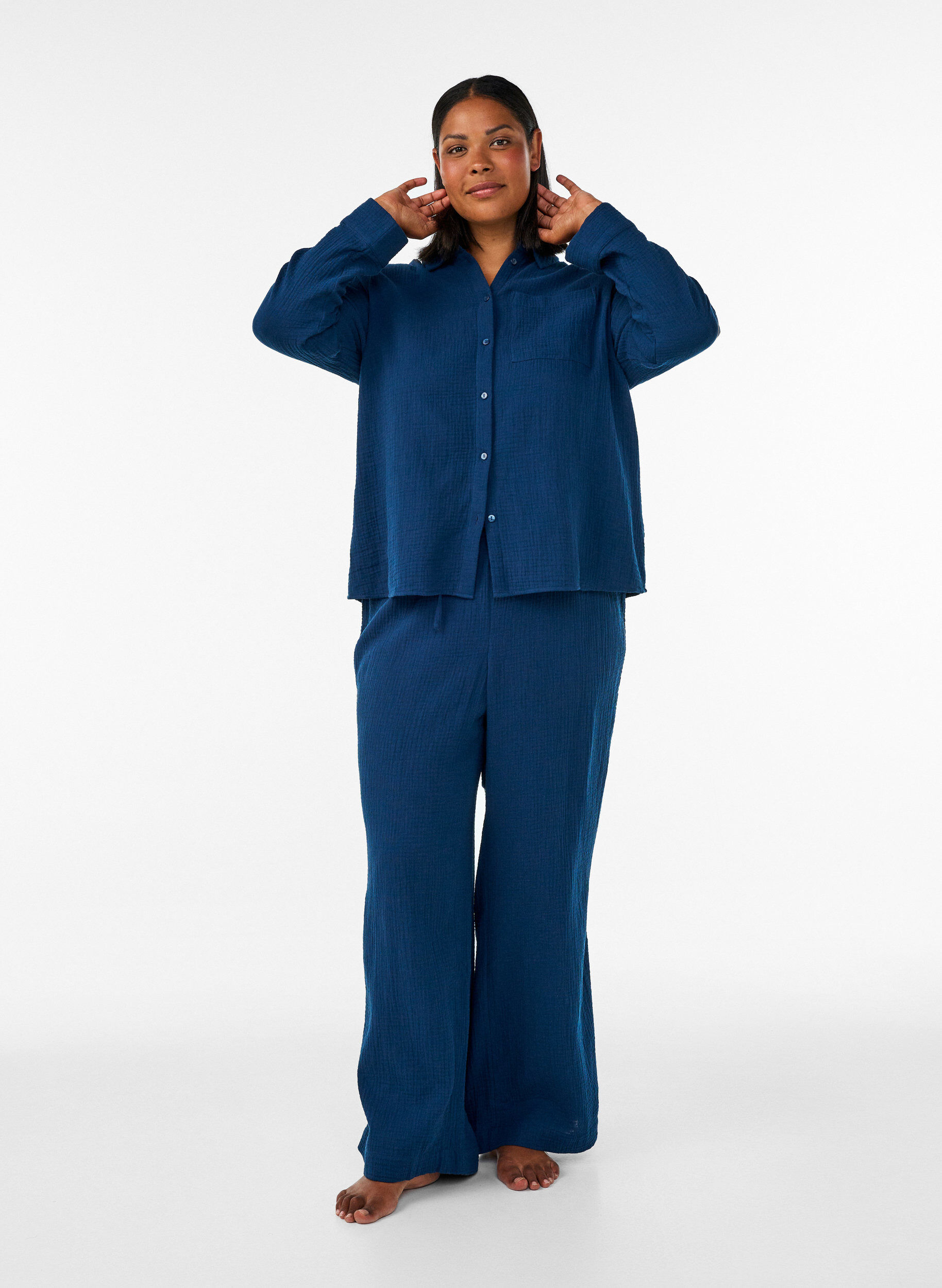 ZizziPantalon de pyjama ample en mousseline de coton, Bleu, Model image number 0