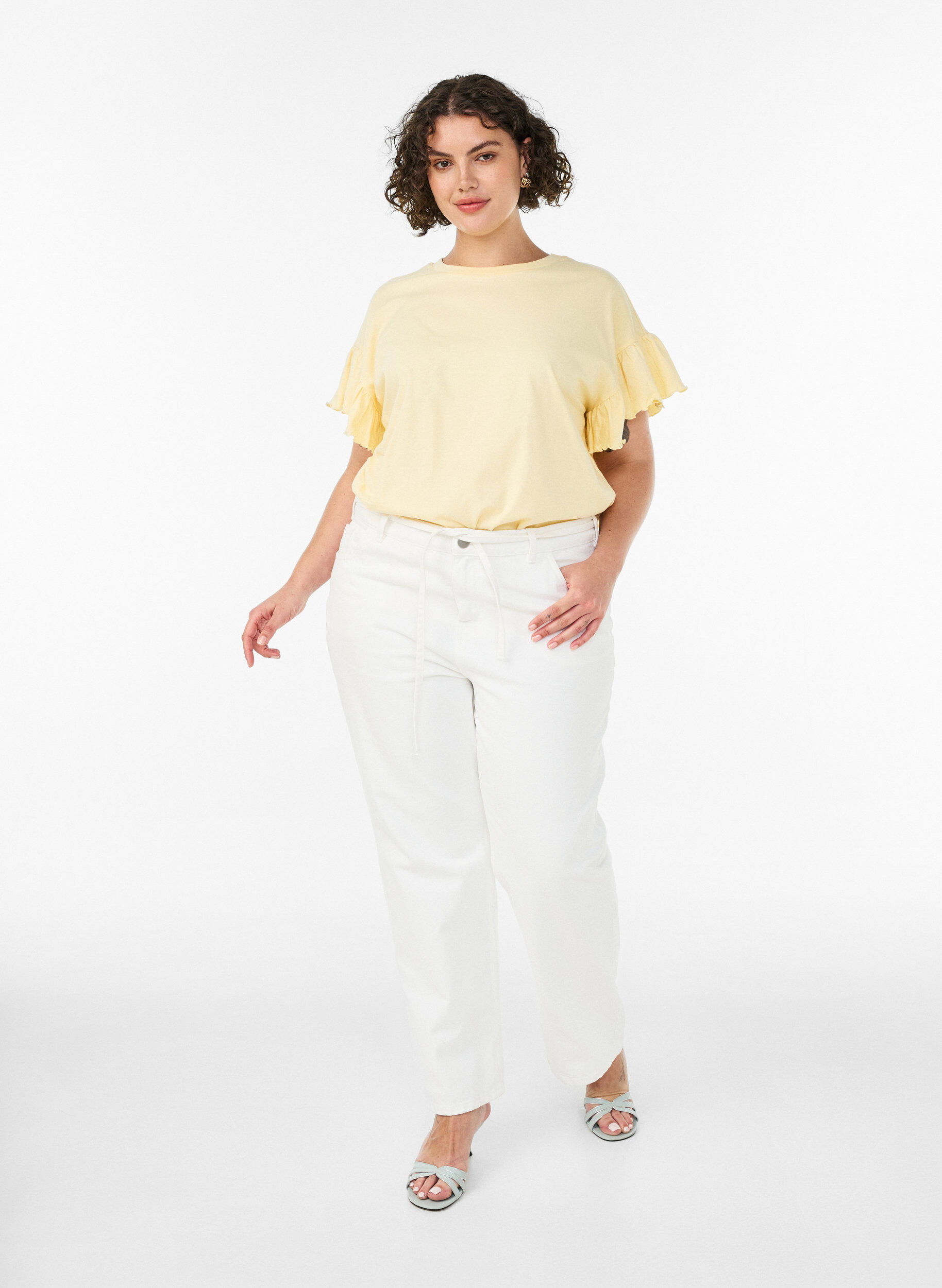 ZizziT-shirt van biologisch katoen met ruches mouwen, Geel, Model image number 1