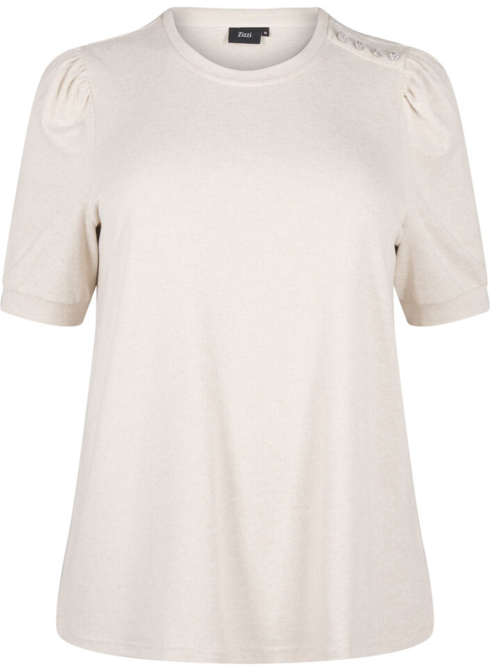 Blouse met knoopdetail en korte pofmouwen, Beige, Packshot image number 0