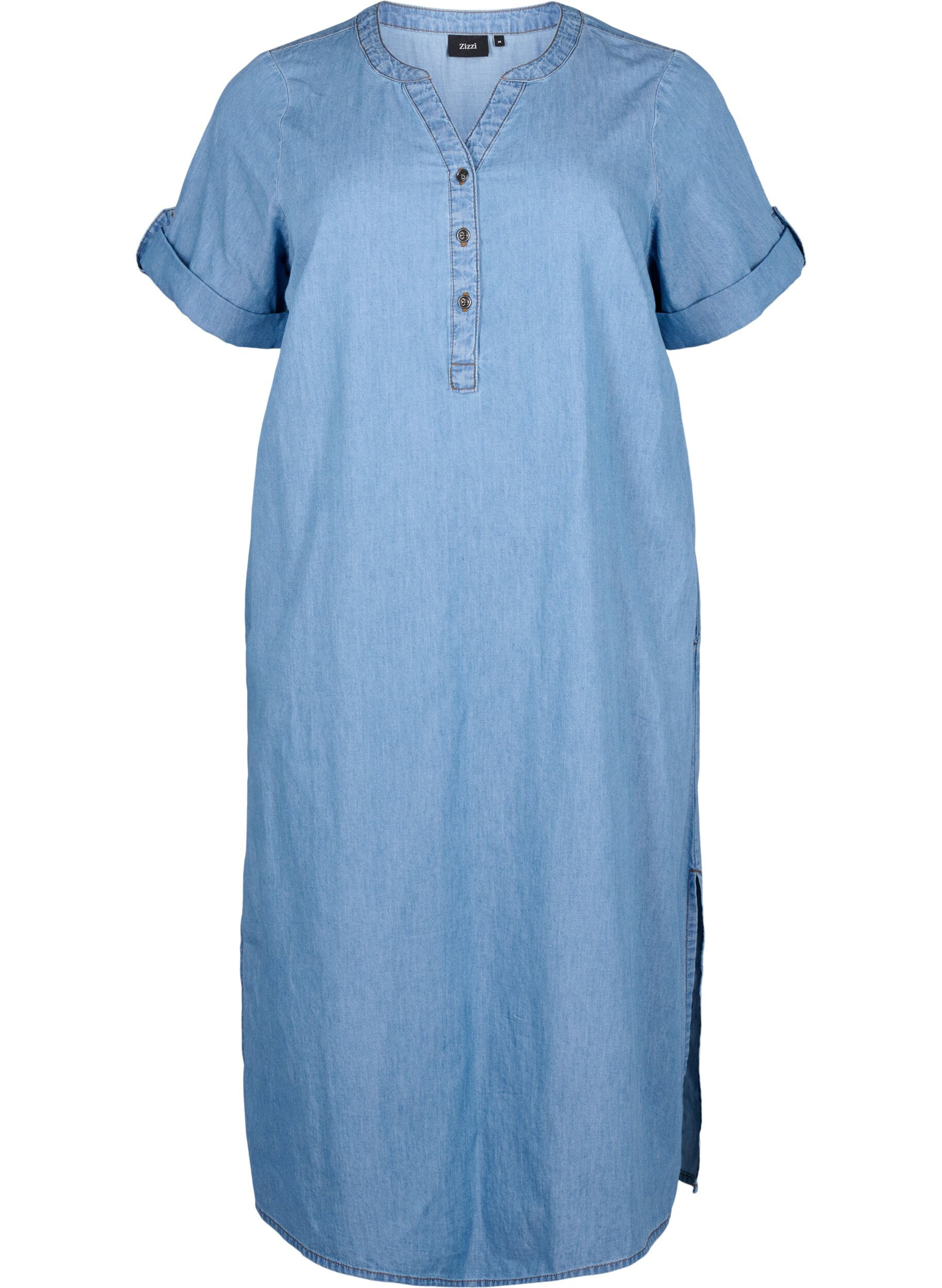 Zizzi Robe en jean avec fente et manches courtes, Blue denim, Packshot image number 0