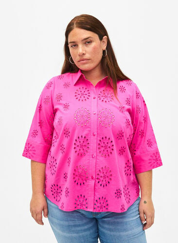 Shirtblouse met Engels borduurwerk en 3/4-mouwen, Raspberry Rose, Model image number 0