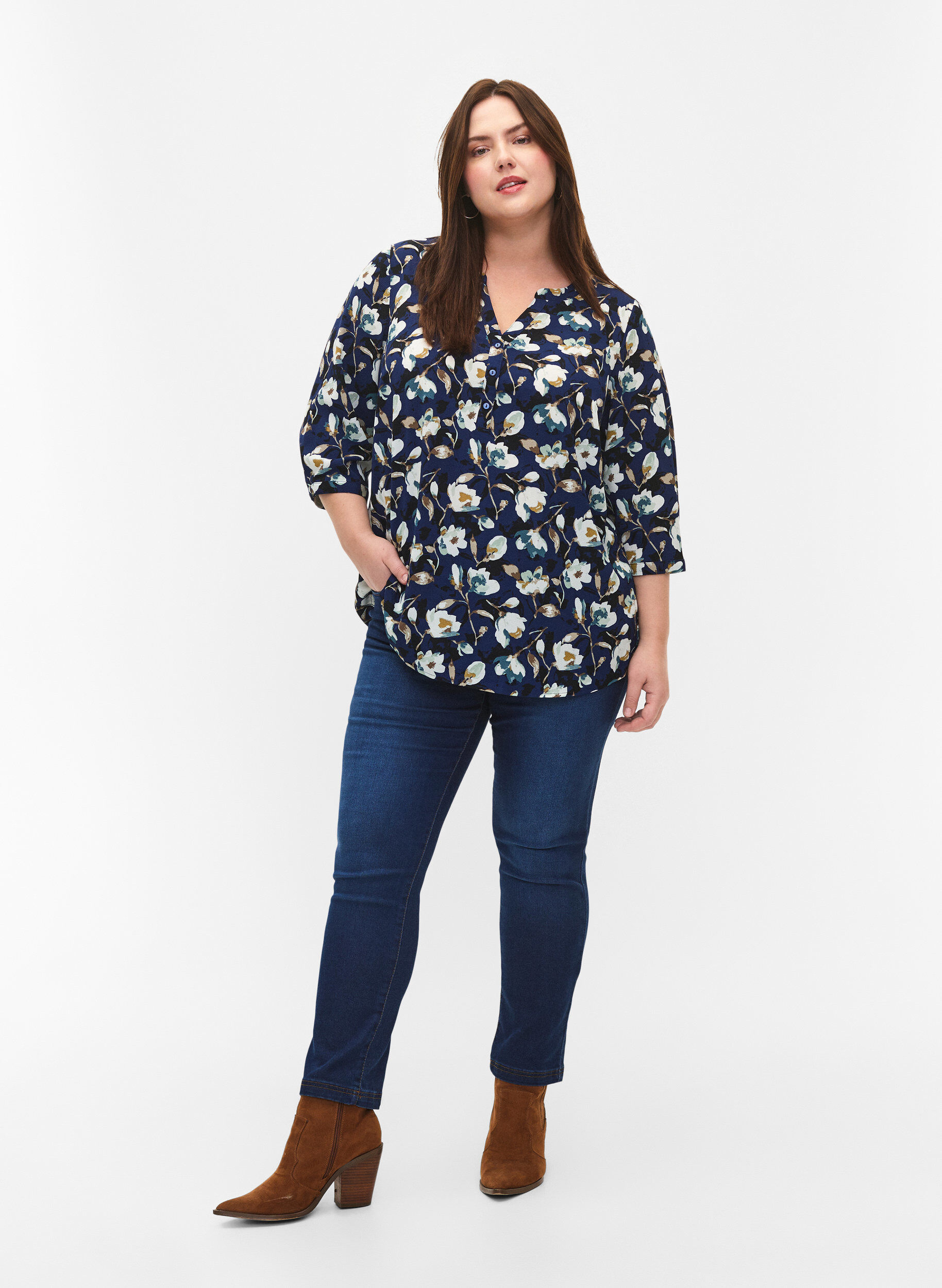 ZizziGebloemde blouse met 3/4 mouwen, P. Blue Flower AOP, Model image number 2