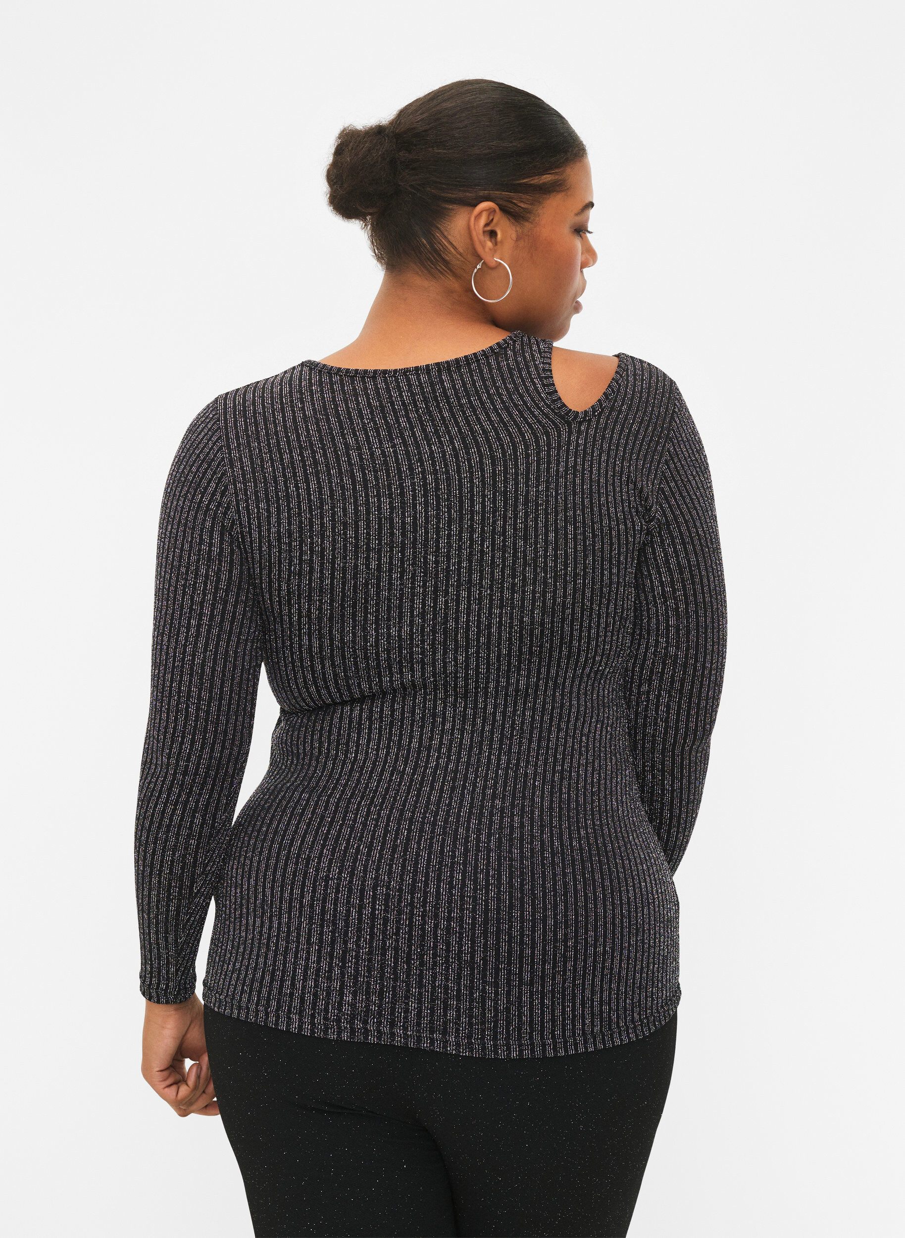 ZizziUitgesneden blouse met lange mouwen en glitter, B. w. Silver Stripes, Model image number 1