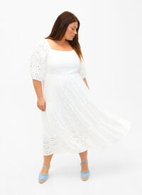 Maxi jurk met kant patroon en een vierkante halslijn, Bright White, Model