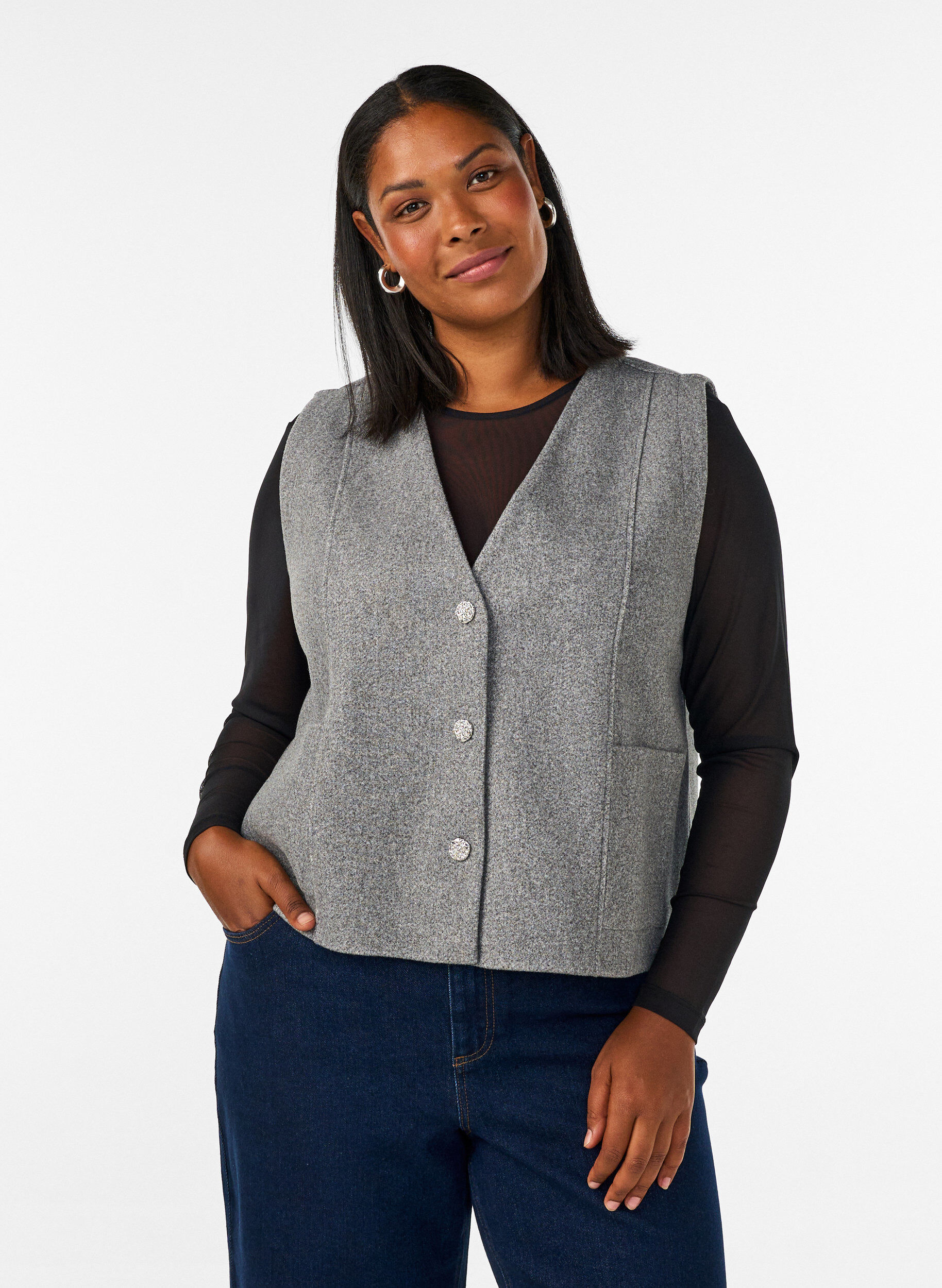 V-hals gilet met knopen, Grijs, Model