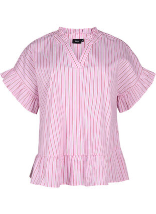 Gestreepte blouse met peplum en ruches, Pink Red Stripe, Packshot image number 0