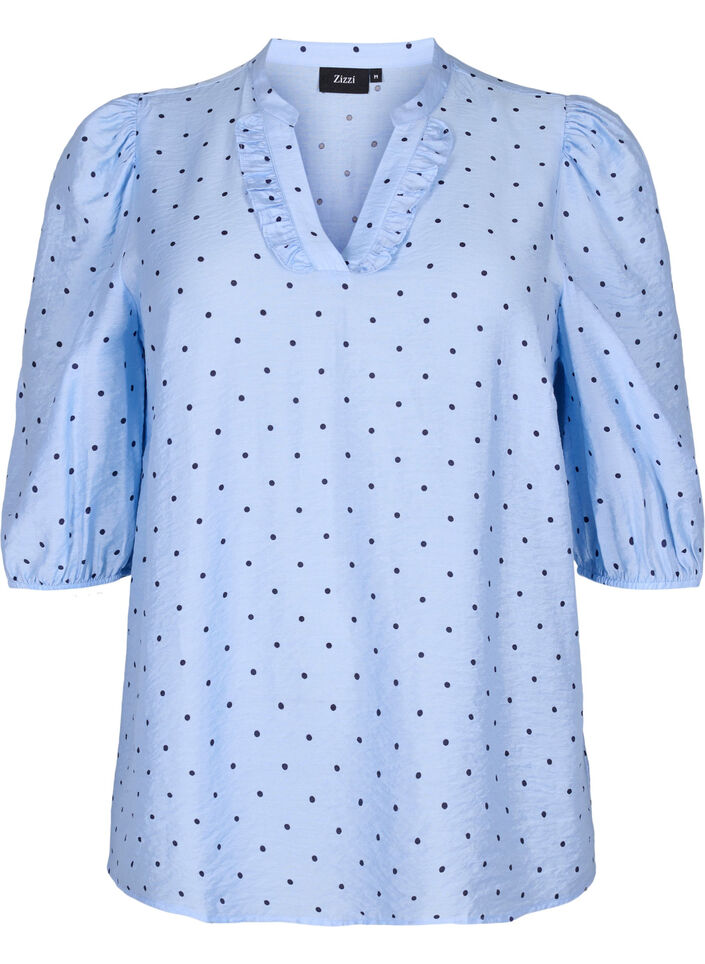 Blouse à pois à manches 3/4 en viscose, Light Blue Dot, Packshot image number 0