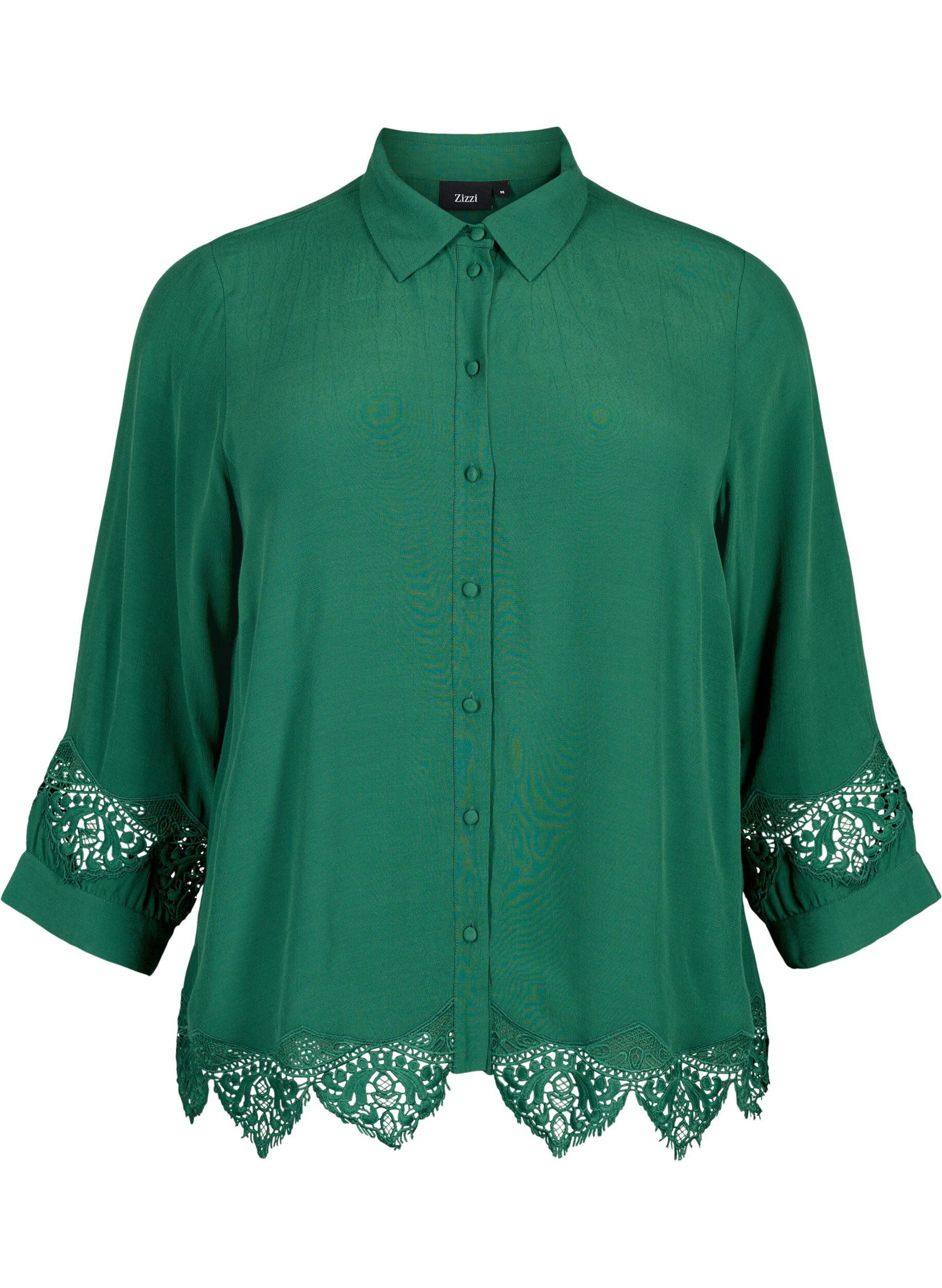 ZizziViscose shirt met 3/4 mouwen en borduurdetails, Hunter Green, Packshot image number 0