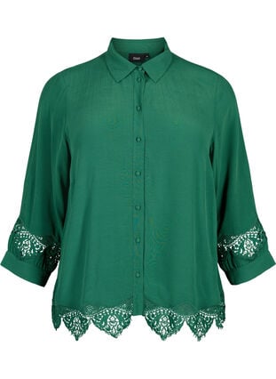 Viscose shirt met 3/4 mouwen en borduurdetails, Hunter Green, Packshot image number 0