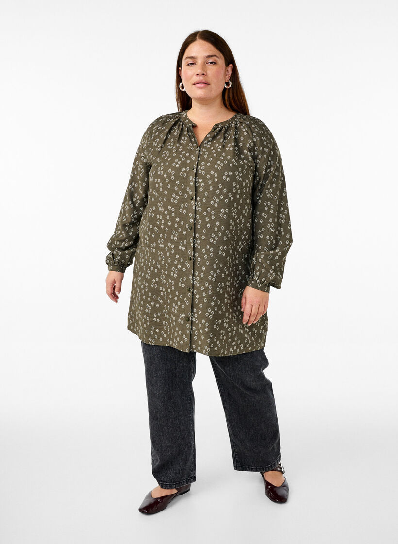 Tunique à manches longues avec imprimé floral, Vert foncé, Model image number 1